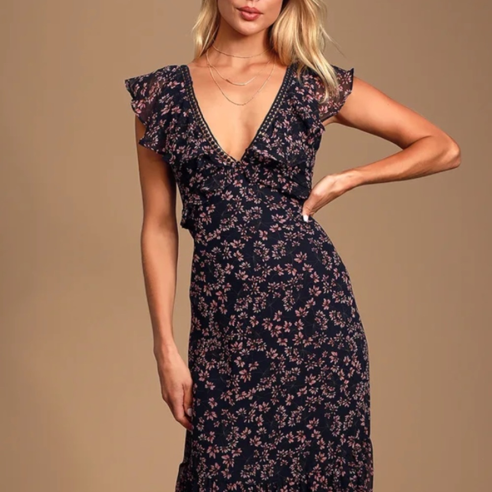 Lulus Darling Daydream Navy Blue Floral Print Ruffled Maxi Dress Medium